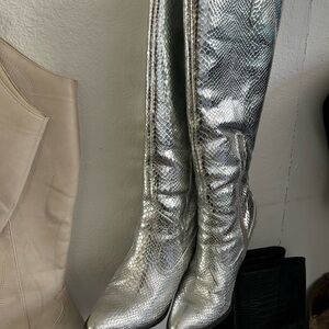 Silver Snakeskin Knee-High Boots
